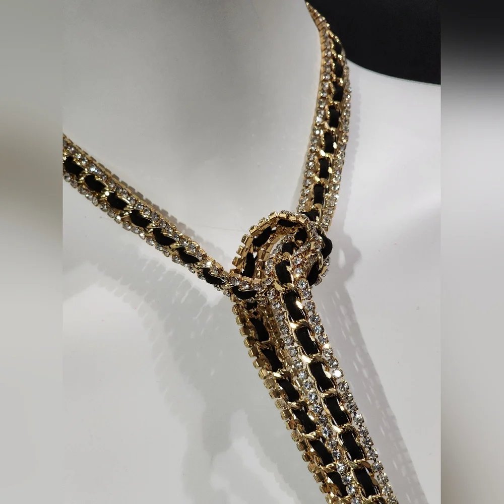 Long Gold, Black, Clear Rhinestoned Tie Necklace